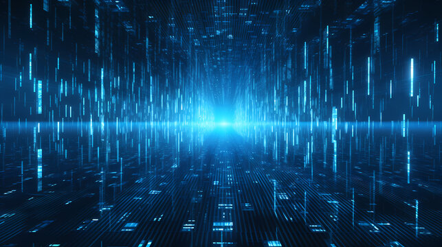 Digital data background with glowing blue lights and binary code