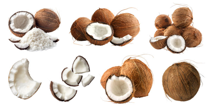Coconut coconut fruit, many angles and view side top front group sliced halved cut isolated on transparent background cutout, PNG file. Mockup template for artwork graphic design