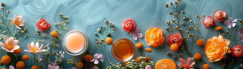 3d render of a blue textured background with flowers and open jars of orange and yellow liquids