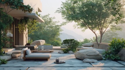 A beautiful patio with a view of the mountains.