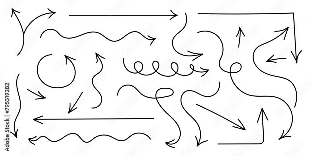 Poster set of arrow vector icons in doodle style. hand drawn pointer signs with curved line, swirls arrows 
