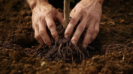 A close-up of hands gently placing soil around the roots of a newly planted tree, nurturing its growth for a beautiful landscape. - obrazy, fototapety, plakaty