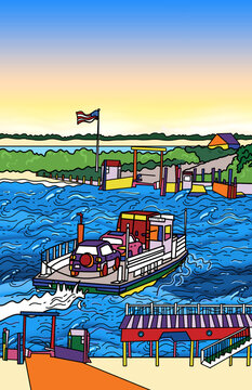 Colorful Hand Drawn Illustration of a Ferry Transporting  Tourists and Cars from Edgartown to Chappaquiddick Island,  Chappy Happy Martha's Vineyard USA Summer Time