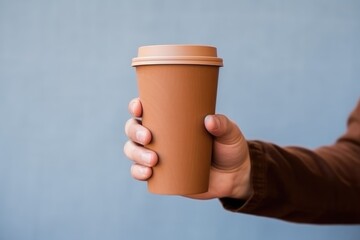 A person's hand holding a reusable coffee cup against a plain blue background. Hand Holding Reusable Coffee Cup