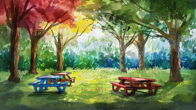 A watercolor painting of a park with two picnic tables under some trees.