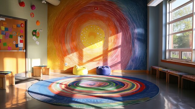 A classroom with a large colorful mural of the sun on the wall and a matching circular rainbow rug on the floor.