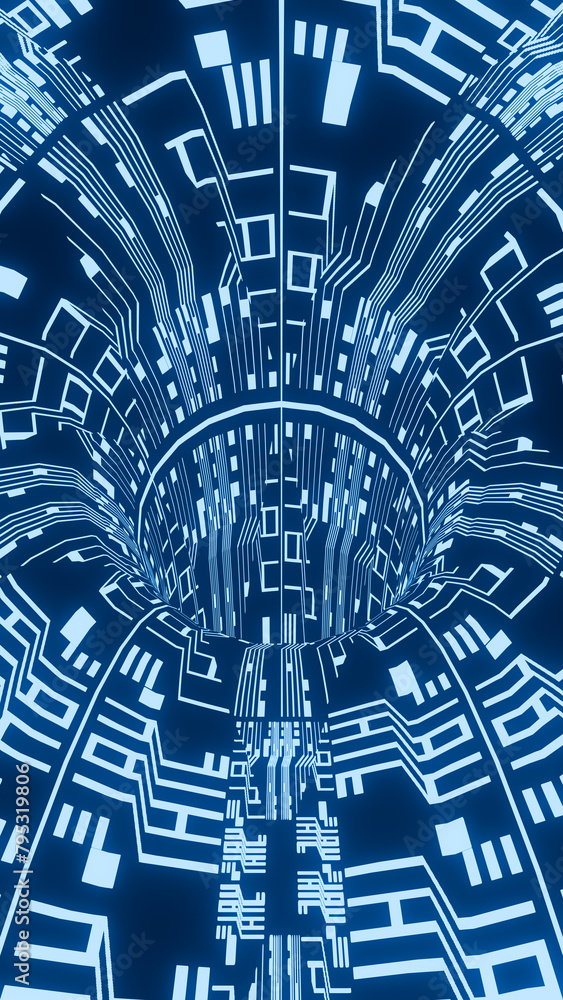 Poster flying in digital tunnel . abstract motion vertical background. cyberpunk concept. sci-fi. 3d render