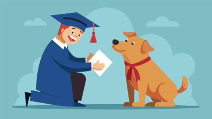 A dog wearing a graduation gown and a cap while receiving a diploma from their trainer who is all smiles and praises for their hard work and
