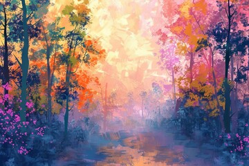 whimsical forest landscape with vibrant colors and ethereal atmosphere ai generated art