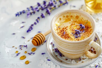 A cup of coffee with a spoon and a honey drizzle on top. The cup is on a white plate with lavender flowers
