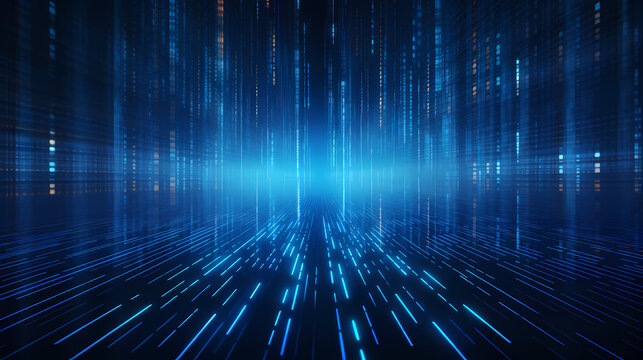 Digital data background with glowing blue lights and binary code
