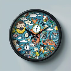 A clock with a blue background and a lot of colorful cartoon characters and objects drawn on it.