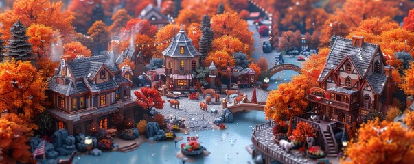 A top down view of a miniature village in the fall season. The village is surrounded by a river and trees with orange leaves. There are also a few animals walking around.