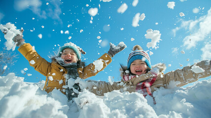 Naklejka premium Children making snow angels in a field of fresh snow with a bright blue sky above
