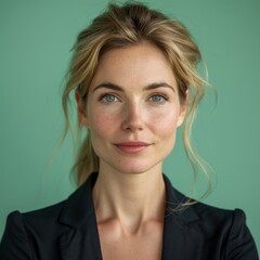 Fototapeta premium Businesswoman Expressing Curiosity in Studio in green background