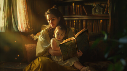 Mãe lendo um livro de historias para sua filha  - obrazy, fototapety, plakaty