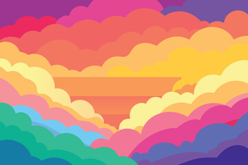 Colorful watercolor background of abstract sunset sky with puffy clouds in bright rainbow colors of pink green blue yellow and purple vector