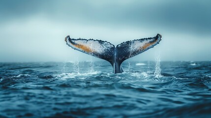 Obraz premium Humpback whales perform tail swings in the Pacific Ocean in a display of incredible strength and grace. This behavior is also known as tail slapping or tail hanging.
