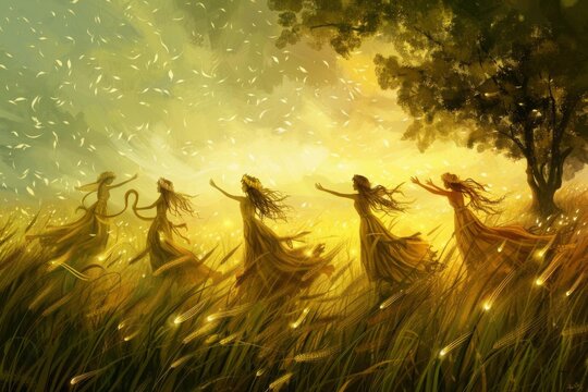 whimsical harvest sprites dancing in lush fields ensuring bountiful crops fantasy digital illustration