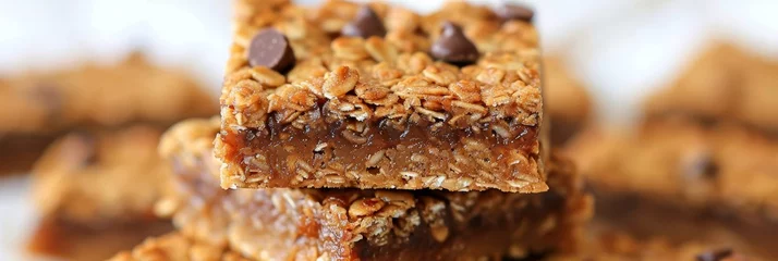 Rolgordijnen Close up of chewy granola bar with bite, showcasing soft texture and flavorful mix ins © Maksym