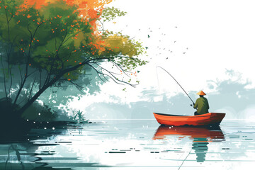 fishing on a lake on a boat at dawn in the fog cartoon