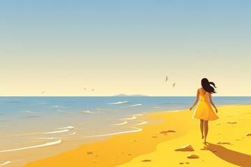 young woman in yellow dress walk on the beach illustration