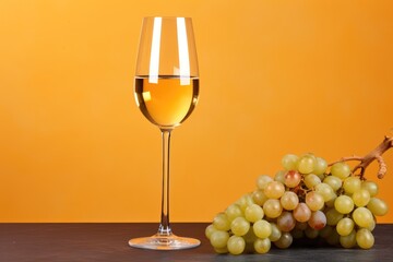 A clear glass of white wine paired with a cluster of fresh, juicy green grapes on an orange surface. White Wine Glass with Fresh Grapes on Side