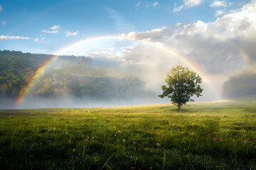 A peaceful early morning stretch on a lush meadow with dew on the grass, a faint rainbow arching in the distant sky