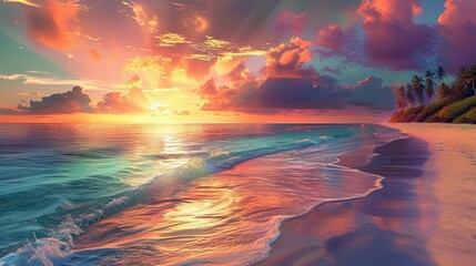 A mesmerizing sunset over a pristine sandy beach, with the sky painted in hues of orange, pink, and purple, casting a warm glow over the tranquil turquoise waters and palm-fringed shoreline,