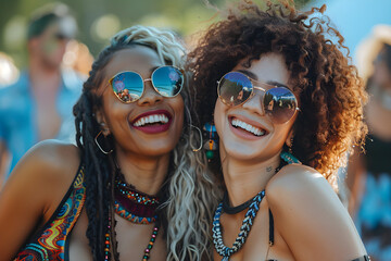 Two women having a great time and laughing at a music festival concert