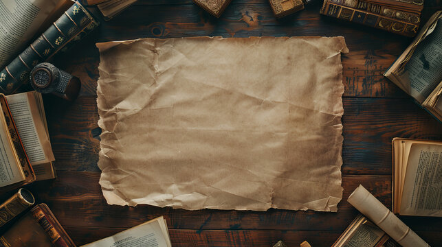 kraft paper banner with a vintage-inspired pattern, surrounded by antique items, copyspace