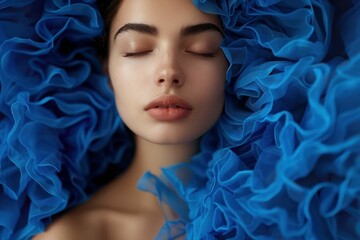 Sensual woman with vibrant blue ruffles on her face and closed eyes, showcasing beauty and elegance - obrazy, fototapety, plakaty