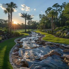 A stream meanders through a golf course at sunset.
