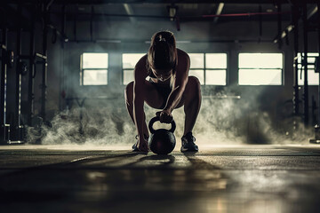 Concentrated woman preparing for a kettlebell workout in gym