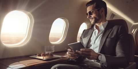 Arab businessman in a private jet Generative AI - obrazy, fototapety, plakaty