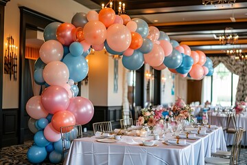 Balloon garland adorning a wedding reception venue, adding a touch of whimsy