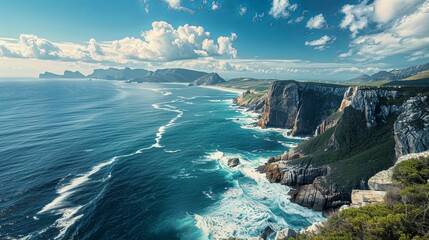A panoramic view of a vast and open ocean, with waves crashing against rugged coastal cliffs and distant islands dotting the horizon, illustrating the grandeur of the wide sea. - obrazy, fototapety, plakaty