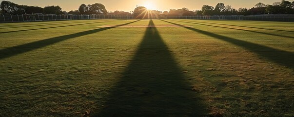 A players shadow stretching across the field during an early morning or late afternoon game - obrazy, fototapety, plakaty