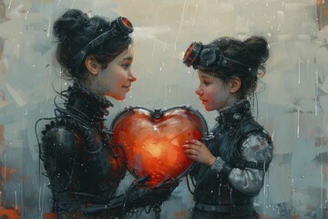 In a whimsical steampunk scene, a mother and child celebrate Mother's Day by tinkering with a heart-shaped mechanical device.