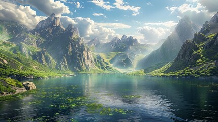 A panoramic vista of a wide and expansive lake nestled among towering mountains, with sunlight dappling the water's surface and creating a picturesque scene of natural beauty