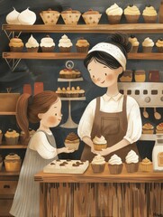 A whimsical bakery where a mother and child create enchanted cupcakes that sing love songs on Mother's Day, illustration style.