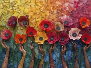 A diverse mix of hands, each clutching Memorial Day poppies, stand out against a harmonious backdrop in a collage-style composition.