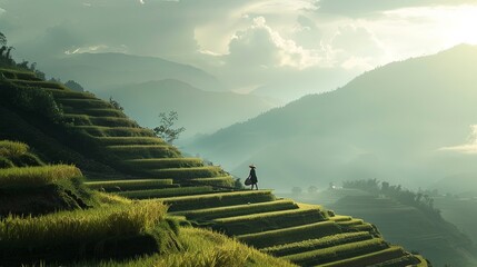 A rural farmer plowing terraced rice paddies on a mountainside, cultivating the land for a productive rice harvest in the coming months - obrazy, fototapety, plakaty