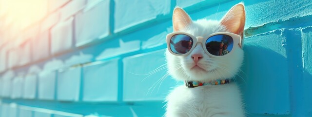 Cute cat donning glasses, posing charmingly for a photo. - obrazy, fototapety, plakaty