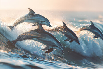 Fototapeta premium A pod of dolphins leaps joyfully through the waves.