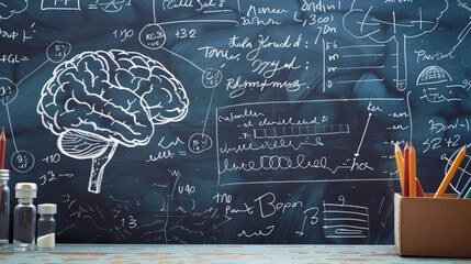 Drawn brain and formula on school blackboard
