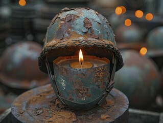 Capturing the essence of remembrance, a soldier's helmet holds a candle, symbolizing hope on Memorial Day.