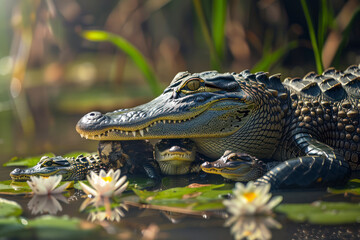 A mother alligator watches over her hatchlings.