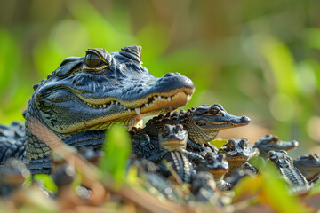 A mother alligator watches over her hatchlings.