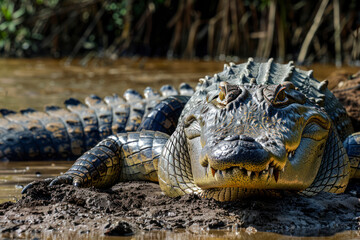 Fototapeta premium A massive crocodile basks on the banks of a muddy river.